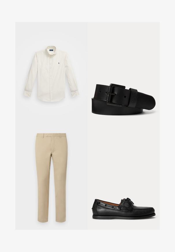Weißes Langarmhemd aus Baumwolle, mit Button-Down-Kragen, einer einzelnen Brusttasche und einem kleinen navy Logo auf der linken Seite.; Beige Baumwollhosen mit geradem Schnitt, ausgestattet mit Gürtelschlaufen, einer flachen Vorderseite und maßgeschneiderten Säumen. Glatte Textur und minimale Details.; Schwarzer Ledermokassin mit Schnürdetail und flacher Gummisohle, seitlich auf hellem Hintergrund gezeigt.; Schwarzer Ledergürtel mit schwarzer rechteckiger Schnalle und eingeprägtem Logo an der Gürtelschlaufe, zusammengerollt auf einem schlichten hellen Hintergrund.