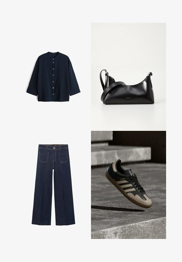 Marineblaue, leichte Bluse mit Rundhalsausschnitt, Dreiviertelärmeln und sieben Knöpfen vorne. Glatte Textur und lockere Passform.; Weite dunkle Jeans mit geradem Schnitt, ausgestattet mit zwei Gesäßtaschen und kontrastierenden Nähten entlang der Säume.; Schwarzer und beiger Ledersneaker mit drei weißen Streifen, tannengrüner Gummisohle und goldener "Samba"-Detailierung an der Seite.; Schwarze lederne Handtasche mit glatter Textur. Verfügt über einen verstellbaren Riemen und ein elegantes, minimalistisches Design mit einem Reißverschluss.