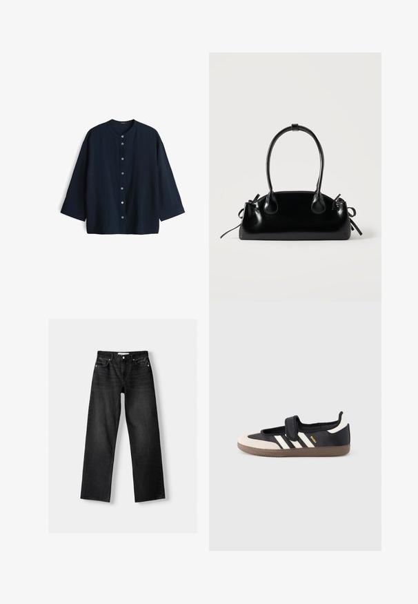 Marineblaue, leichte Bluse mit Rundhalsausschnitt, Dreiviertelärmeln und sieben Knöpfen vorne. Glatte Textur und lockere Passform.; Bershka Jeans Straight Leg - mottled dark grey; Schwarzer und beiger Sneaker mit Klettverschluss, drei weißen Streifen an der Seite und einer strukturierten braunen Gummisohle. Markenlogo sichtbar.; Kleine schwarze glänzende Handtasche mit zwei langen Griffen und seitlichen Kordelzug-Details vor einfachem hellem Hintergrund.