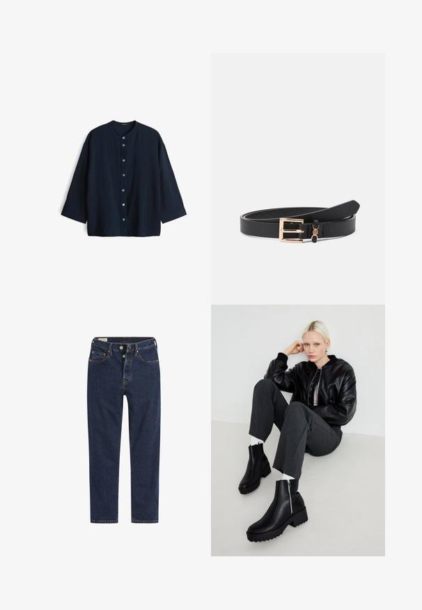 Marineblaue, leichte Bluse mit Rundhalsausschnitt, Dreiviertelärmeln und sieben Knöpfen vorne. Glatte Textur und lockere Passform.; Dunkelblaue Denim-Jeans mit geradem Bein, mit Kupfernähten und klassischem Fünf-Taschen-Design, Knopfverschluss und Gürtelschlaufen.; Schwarze Knöchelstiefel mit einer stabilen Sohle, glattem Lederfinish, seitlichem Reißverschluss und Blockabsatz. Getragen mit grauen Hosen und weißen Socken.; Schwarzer Leder-Gürtel mit texturiertem Finish, ausgestattet mit einer roségoldenen Metallschnalle und dekorativem Schlaufen-Detail. Schlankes Design, vielseitig für verschiedene Outfits.