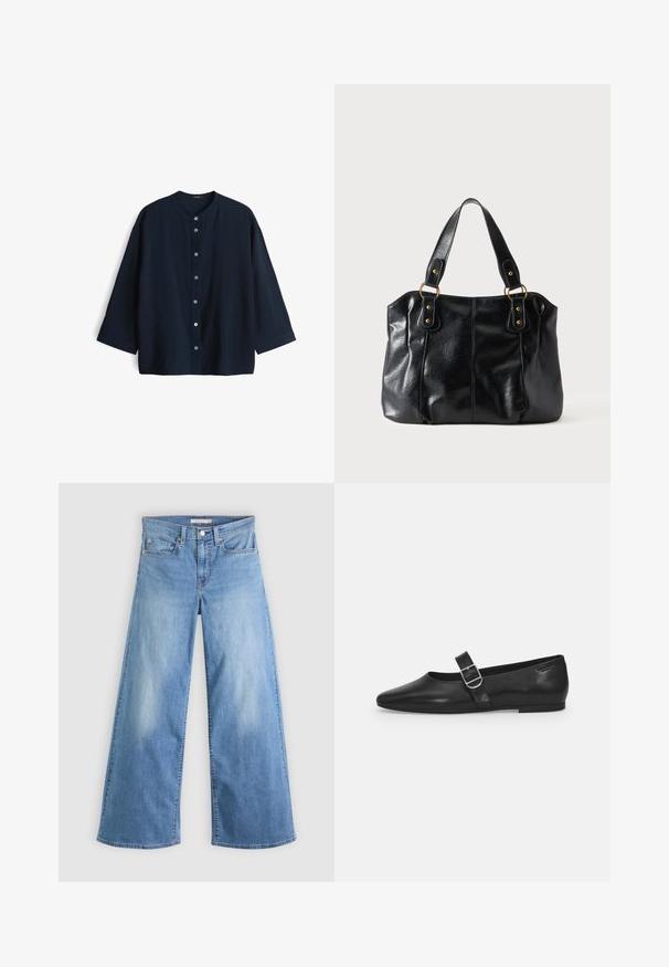 Marineblaue, leichte Bluse mit Rundhalsausschnitt, Dreiviertelärmeln und sieben Knöpfen vorne. Glatte Textur und lockere Passform.; Hellblaue Jeans mit weitem Bein aus Denim, mit hoher Taille, vorderem Reißverschluss und Knopfverschluss sowie klassischem Fünf-Taschen-Design.; Schwarzer Lederflatschuh mit runder Zehenform, einem verstellbaren Schnallenriemen und einer glatten, glänzenden Oberfläche. Minimalistisches Design mit einem niedrigen Absatz.; Schwarze Leder-Schultertasche mit doppelten Trägern, befestigt durch goldene Ringe und Nieten, glatte und leicht glänzende Oberfläche, schlichtes Design.