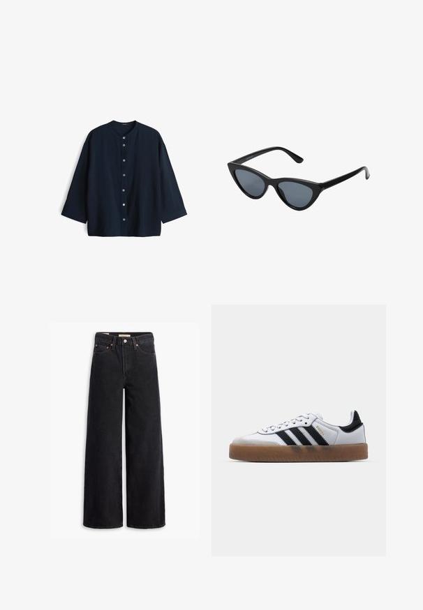 Marineblaue, leichte Bluse mit Rundhalsausschnitt, Dreiviertelärmeln und sieben Knöpfen vorne. Glatte Textur und lockere Passform.; Schwarze weite Jeans aus Denim mit fünf Taschen, Kupferrivets und einem klassischen Knopfverschluss. Glatte Textur mit einem klaren Design.; Weiße Leder Sneakers mit schwarzen Streifen, Gummigummi-Außensohle, runder Zehenform, Schnürverschluss und weichem grauem Wildleder-Zehenkappe.; Schwarze Cat-Eye-Sonnenbrille mit dunkelgrauen Gläsern, schlankem Kunststoffrahmen, spitzen Ecken und geraden Bügeln. Keine sichtbaren Befestigungen oder Akzente.