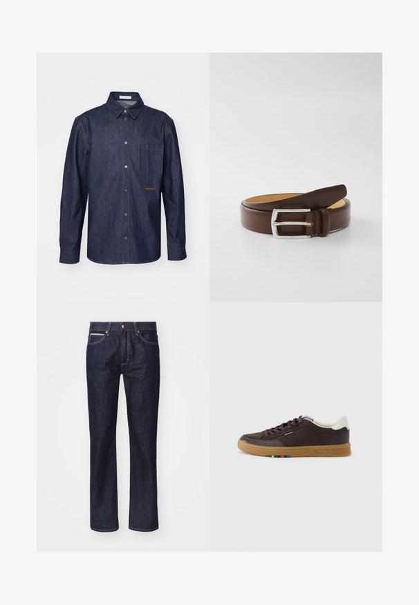 Chemise en denim foncé avec un devant boutonné, un col pointu, une poche poitrine unique et des détails de couture contrastants.; Jeans en denim bleu foncé avec une coupe droite, des coutures contrastantes discrètes, cinq poches et un bouton de fermeture à la taille.; Baskets en daim brun foncé avec semelle gomme, languette blanche au talon, fermeture à lacets et petit détail multicolore sur le côté de la semelle.; Ceinture en cuir marron avec une boucle en métal argenté. Le design présente une texture lisse et une forme classique, avec un intérieur en cuir plus clair.