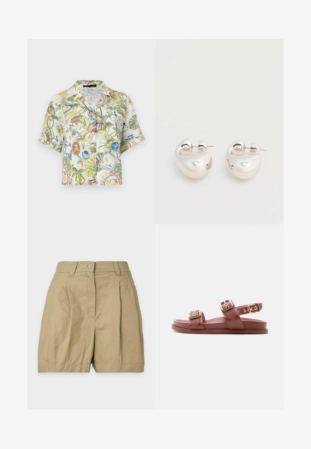 Chemise à manches courtes boutonnée avec imprimé tropical featuring palmiers, coquillages, timbres-poste et motifs de voyage vintage sur tissu clair.; Short beige taille haute avec fermeture par bouton et zip, passants de ceinture et plis sur le devant, présenté sur un fond uni.; Sandale plate marron avec deux brides ajustables et boucles dorées sur un fond gris clair uni.; Paire de boucles d'oreilles argentées brillantes et épaisses avec fermoirs à tige, sur fond blanc uni.
