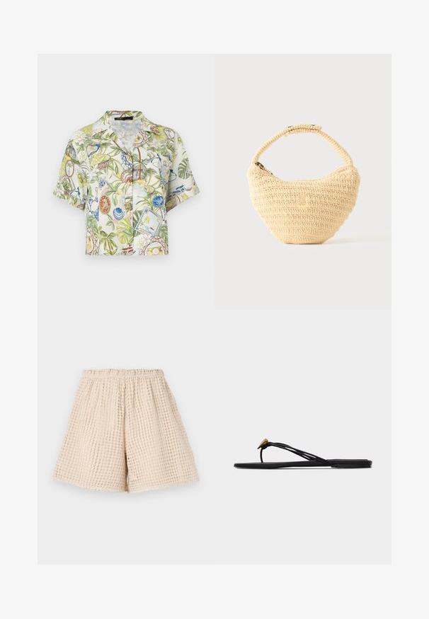 Chemise à manches courtes boutonnée avec imprimé tropical featuring palmiers, coquillages, timbres-poste et motifs de voyage vintage sur tissu clair.; Shorts beiges avec un motif texturé en forme de gaufre. Ceinture élastique et coupe ample. Longueur mi-cuisse. Matériau léger.; Sandale plate noire en forme de tongs avec plusieurs fines lanières et une petite déco dorée en forme de larme sur la lanière avant.; Sac à main beige tissé avec corps arrondi, fermeture éclair et une sangle courte et épaisse dans un style crochet simple et texturé.