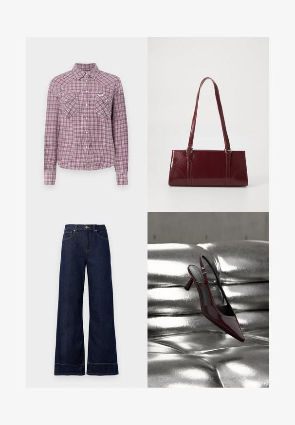 Paarse en roze geruite button-up shirt met een kraag, twee borstzakken en lange mouwen. Gemaakt van stof met een geblokt patroon.; Donkerblauwe wijde spijkerbroek van denim. Kenmerken zijn een knoopsluiting, stikdetails en zijzakken. Uiteinde met een flared onderrand.; Glanzende donkerrode slingback pumps met hoge hak en puntige neus, gepresenteerd op een glanzend zilveren, getuft leren oppervlak.; Bourgondische handtas van glanzend materiaal, rechthoekige vorm, met twee schouderbanden en subtiele gebogen accenten aan de voorkant.