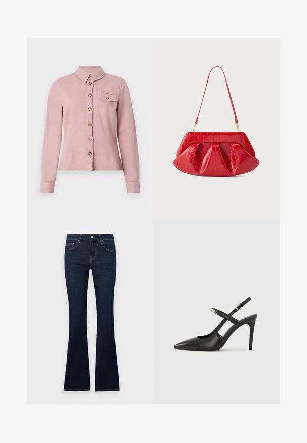 Chemise rose clair à manches longues avec des boutons marron sur le devant, rabat de poche poitrine boutonné et petit col sur fond blanc.; Jean évasé en denim bleu foncé avec une taille ajustée, des coutures visibles, une fermeture à boutons sur le devant, et des poches classiques à l'avant et à l'arrière.; Escarpins slingback en cuir noir avec bout pointu, design ajouré et bride ajustable ornée de ferrures métalliques.; Sac d'épaule en cuir rouge avec une structure rigide, un corps plissé et une fine sangle ajustable, sur un fond uni.