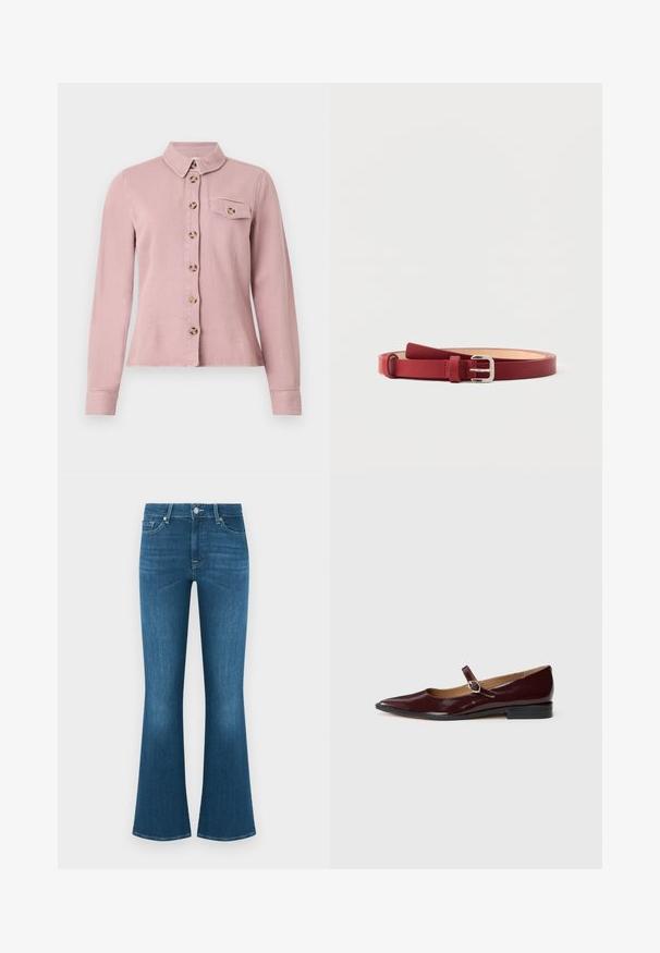 Chemise rose clair à manches longues avec des boutons marron sur le devant, rabat de poche poitrine boutonné et petit col sur fond blanc.; Jean en denim bleu avec une taille mi-haute, fermeture avant par bouton et zip, cinq poches, et jambes légèrement évasées.; Ballerines en cuir verni bordeaux de type Mary Jane avec un bout pointu, un talon plat et une sangle décorative avec une boucle circulaire.; Ceinture en cuir rouge avec boucle rectangulaire argentée, extrémité en boucle et texture lisse, présentée enroulée à plat sur fond blanc.