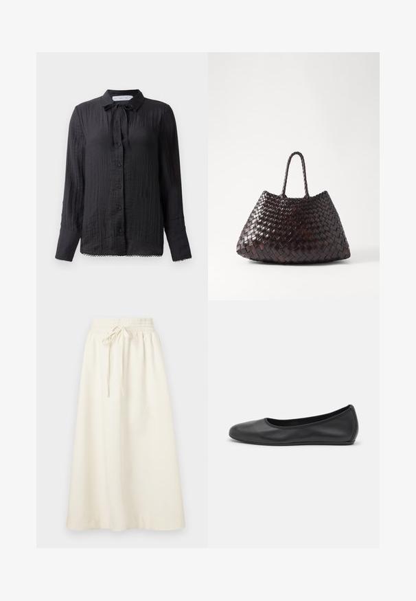 Zwarte blouse met knoopsluiting en een strikdetail bij de hals, van gestructureerde stof, met lange mouwen en kantafwerking aan de onderkant. De knopen zijn zwart en glanzend.; Soulland MEIR SKIRT - Maxirok - white; Zwarte leren ballerina met een ronde neus, gladde textuur, minimale stikdetails en een flexibele zoolontwerp.; DRAGON DIFFUSION SANTA CROCE BIG - Handtas - dark brown