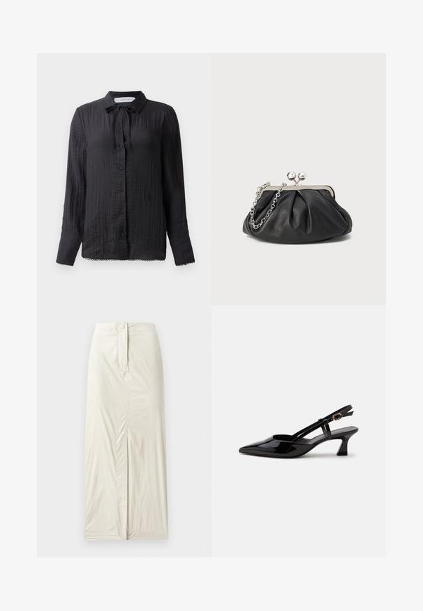 Schwarze Bluse mit Knopfleiste und Bindehalsdetail, strukturierter Stoff, lange Ärmel und Spitzensaum. Die Knöpfe sind schwarz und glänzend.; Helle beige, knielange Rock aus glattem, strukturiertem Stoff. Verfügt über einen Schlitz vorne und einen Knopfverschluss an der Taille.; Schwarzer Slingback-Pumps aus Lackleder mit spitzer Spitze und verstellbarem goldfarbenem Riemen auf weißem Hintergrund.; Schwarze Leder-Clutch mit geraffter Textur, silberfarbener Metallrahmen, Druckverschluss und Kettenriemen. Glatte, weiche Oberfläche.