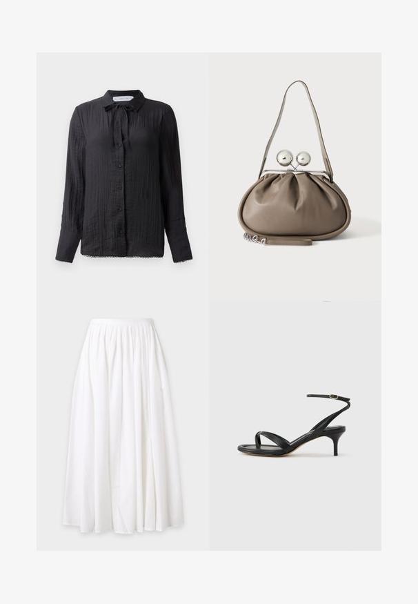 Zwarte blouse met knoopsluiting en een strikdetail bij de hals, van gestructureerde stof, met lange mouwen en kantafwerking aan de onderkant. De knopen zijn zwart en glanzend.; Witte lange rok met geplooide tailleband en vloeiende stof, plat uitgestald tegen een lichte achtergrond.; Zwarte leren dames sandaal met dunne bandjes, een teengreep, een enkelgesp en een stilettohak van gemiddelde hoogte op een neutrale achtergrond.; Grijze leren handtas met afgeronde vorm, bovenste sluiting met twee grote zilveren bollen en een enkele schouderriem.