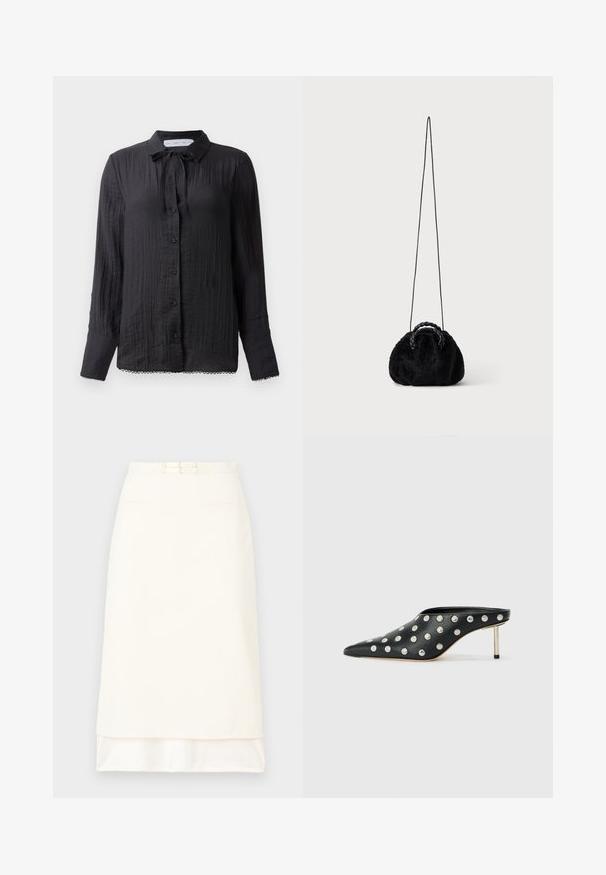 Schwarze Bluse mit Knopfleiste und Bindehalsdetail, strukturierter Stoff, lange Ärmel und Spitzensaum. Die Knöpfe sind schwarz und glänzend.; Weißer, maßgeschneiderter Rock mit glatter Textur, ausgestattet mit einem taillierten Gürtel und zwei Vorderentaschen. Gerader Schnitt mit einem leicht längeren Saum hinten.; STAND STUDIO KELSEY - Pantolette hoch - black; Kleine schwarze Handtasche aus Kunstfell mit geflochtenen oberen Griffen und langem dünnem Schulterriemen auf einfarbigem Hintergrund.