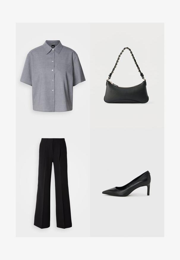 Camisa gris de manga corta fabricada en tejido ligero, con cuello, botones en la parte delantera, un bolsillo en el pecho y un corte relajado.; Pantalones negros de tejido suave, con cintura alta, silueta de pierna ancha y dos pliegues frontales para añadir detalle de diseño.; Zapato de salón negro de piel con punta afilada y tacón delgado de altura media sobre un fondo liso de color gris claro.; Bolso de hombro de cuero negro con forma rectangular curvada, cadena dorada entrelazada en una correa negra trenzada y cierre superior con cremallera.
