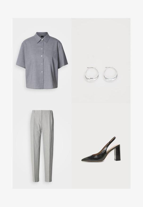 Camisa gris de manga corta fabricada en tejido ligero, con cuello, botones en la parte delantera, un bolsillo en el pecho y un corte relajado.; Pantalones plisados de color gris claro con un corte entallado. Presentan una tela texturizada, bolsillos laterales y un diseño clásico de pierna recta.; Zapato slingback de piel negra con puntera puntiaguda, tacón alto y ancho, y forro interior beige sobre un fondo claro y liso.; Pendientes de aro de plata con un acabado pulido y la marca DKNY, exhibidos sobre un fondo blanco liso.