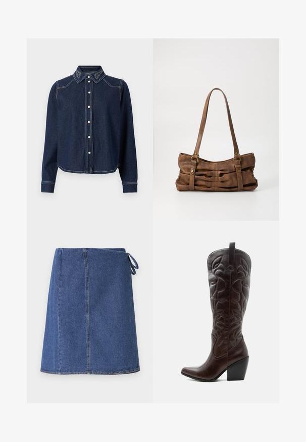 JDY Denim JDYBELLA Denim - Skjortebluser - dark blue denim; Denim indpakningsskørt i mørkeblå. Har en lige snit, synlige syninger og et sideløkke til justering. Glat tekstur og standard kant.; Høj mørkebrun læder cowboystøvle med syede dekorative mønstre, spids tå og stablet blokhæle.; Even&Odd Håndtasker - brown