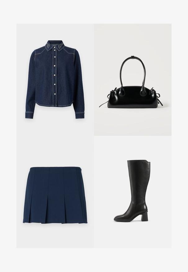 JDY Denim JDYBELLA Denim - Nööpidega pluus - dark blue denim; Tumesinine plisseeritud mini-seelik sirge vöökohtaga, valmistatud siledast kangast. Omab vertikaalset õmblust plisseeringute ääres.; Must nahkne nahast saabas plokktakaga ja ümardatud varbaga, näidatud küljelt ühel lihtsal taustal.; Väike must läikiv käekott kahe pika sangaga ja külgedel paelakinnitustega, ühel lihtsal helel taustal.