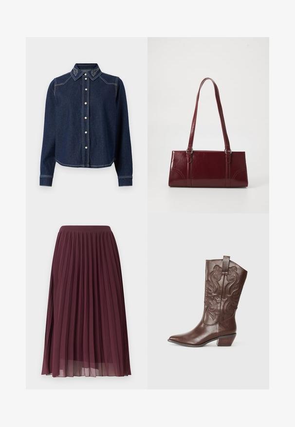 JDY Denim JDYBELLA Denim - Chemisier - dark blue denim; Jupe midi plissée en bordeaux profond avec une taille élastique et une doublure intérieure transparente.; Botte de cowboy en cuir marron avec un bout pointu, des coutures décoratives sur la tige et un talon bas empilé. Texture lisse avec une finition polie.; Sac à main bordeaux en matériau brillant, de forme rectangulaire, avec deux anses et des accents légèrement courbés à l'avant.