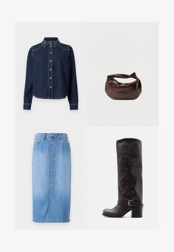 JDY Denim JDYBELLA Denim - Nööpidega pluus - dark blue denim; Sinine teksaskangas midi seelik sirge lõikega, esipoolse nööbiga kinnituse, viie tasku ja tuhmunud pesuga tekstuuri jaoks.; Tumepruun nahast põlveni ulatuv saabas ümarate varvaste, madala plokkkontsa ja pahkluu lähedal asuva hõbedase pandlaga dekoratiivse rihmaga.; Tumepruunast nahast õlakott, pehme ja lõdva vormiga, keeratud sõlme tüüpi sangaga, valgel ühevärvilisel taustal.