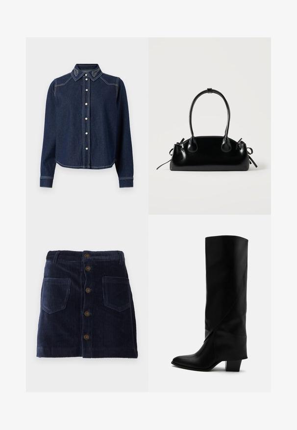 JDY Denim JDYBELLA Denim - Blusa - dark blue denim; Falda de pana color azul marino con cierre frontal de botones y dos bolsillos de parche, con textura de ribetes verticales.; Bota alta de cuero negro con costuras anguladas, puntera puntiaguda y tacón grueso de altura media sobre fondo blanco.; Pequeño bolso negro brillante con dos asas largas y detalles de cordón lateral sobre un fondo claro liso.