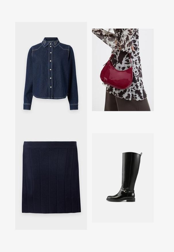 JDY Denim JDYBELLA Denim - Overhemdblouse - dark blue denim; Object OBJTHESS - Minirok - sky captain; Zwarte kniehoge laarzen van glanzend leer, met een zilveren gespdetail op de enkel en een afgeronde neus. Platte zool.; Vrouw met een zwart-wit gebloemde blouse houdt een glanzende rode schoudertas vast tegen een effen achtergrond.