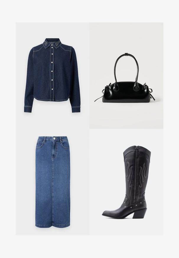 JDY Denim JDYBELLA Denim - Chemisier - dark blue denim; Jupe maxi en denim bleu foncé, avec une coupe droite, une taille avec une fermeture à bouton et des détails de couture minimalistes.; Bottes de cow-boy en cuir noir avec bout pointu, coutures apparentes, ornements à clous argentés et fermeture éclair sur le côté intérieur.; Petit sac à main noir brillant avec deux longues anses et des détails à cordon sur les côtés sur un fond clair uni.