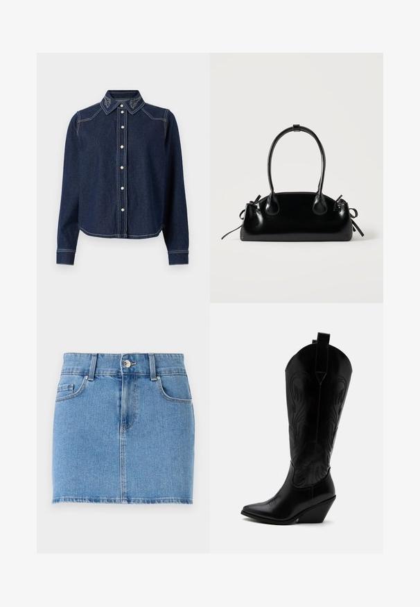 JDY Denim JDYBELLA Denim - Skjortebluser - dark blue denim; Denim miniskørt i lys blå. Har en tætsiddende design, fem lomme-stil, en knaplukning og en lige kant med let slid.; Sort læder cowboystøvle med spidst tåparti, skråt blokhælhæl, dekorative sømme og trækstropper øverst mod hvid baggrund.; Lille sort blank håndtaske med to lange håndtag og snøre-detaljer i siden på en ensfarvet lys baggrund.