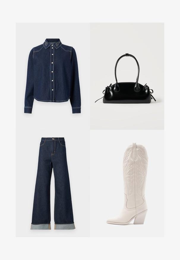JDY Denim JDYBELLA Denim - Overhemdblouse - dark blue denim; Brede broekspijpen in donkerdenim met oranje stiksel, met een hoge taille, twee voorzakken en omgeslagen manchetten die een lichtblauwe contraststof laten zien.; Witte leren cowboylaars met een spitse neus en een vierkante hak. Heeft ingewikkelde stikpatronen op de schacht en een soepele textuur.; Kleine zwarte glanzende handtas met twee lange hengsels en zijkant trekkoord details op een effen lichte achtergrond.