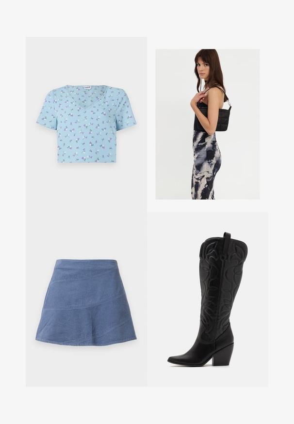 Hellblaues kurzärmliges V-Ausschnitt-T-Shirt mit floralem Muster, das lila und weiße Blumen auf einem strukturierten Stoff zeigt.; Blaue Cord-Hosenrock in A-Linie mit diagonalen Nahtdetails, knielang, flacher Frontpartie und subtiler Textur.; Schwarze kniehohe Stiefel aus Leder mit spitz zulaufender Zehenpartie und gestapeltem Absatz. Verfügt über dekorative Nähte und geschwungene Designelemente.; Schwarze gesteppte Schultertasche mit einem einzelnen Riemen und silberner Hardware, kombiniert mit einem figurbetonten Kleid im Batikmuster in Schwarz- und Cremetönen.