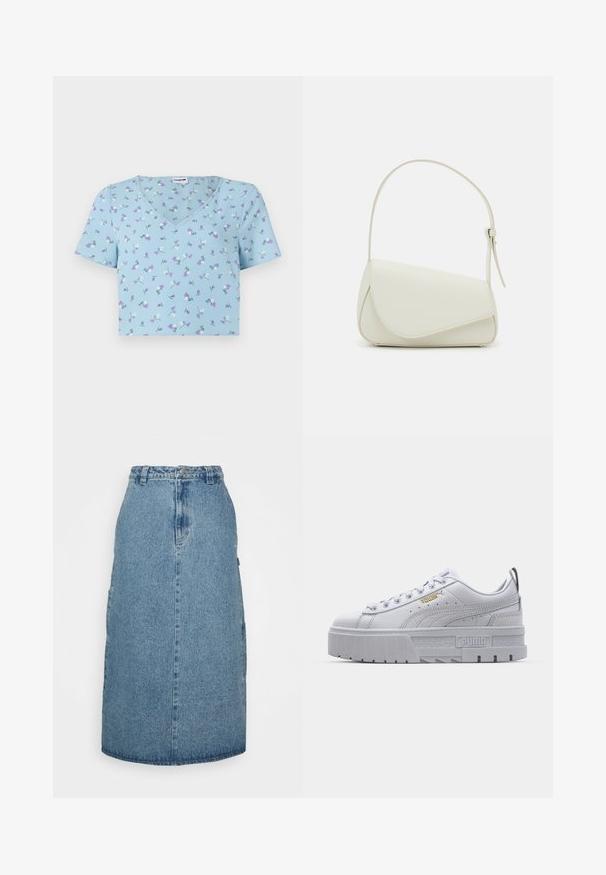 Heledsinine lühikeste varrukatega V-kaelusega T-särk, mis on kaunistatud lillemustriga, kus on lilla ja valge õied tekstureeritud kangal.; Obey Clothing JUNIPER MIDI SKIRT - A-lõikeline seelik - stonewash indigo; Valged platvormiks sneaksid, millel on sile nahk ülemine osa, pehmendatud krae, hall kummist tald ja kuldsed aktsendid, millel on Puma logo.; Valge kunstnahast käekott, millel on struktureeritud kolmnurkne kuju, üks reguleeritav rihm ja kõverjooneline klapp.
