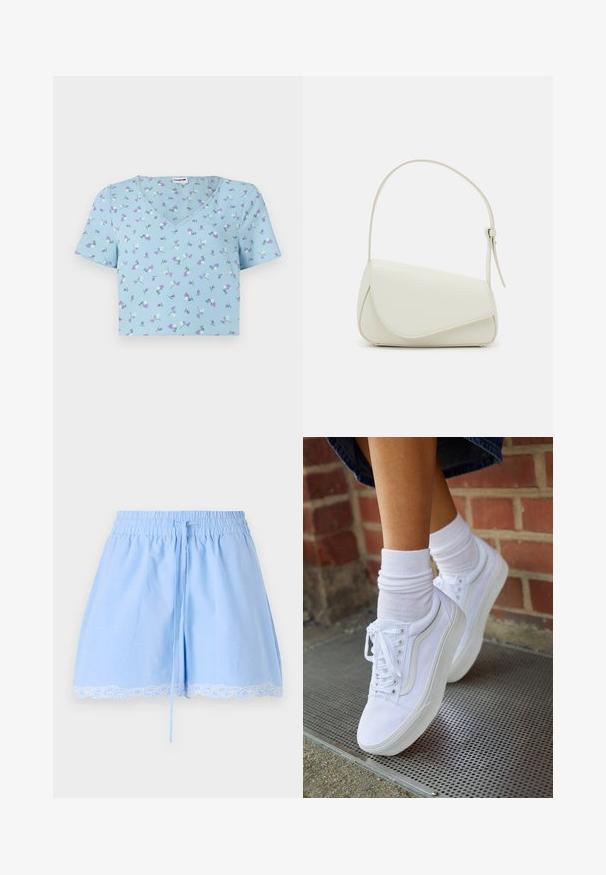 Hellblaues kurzärmliges V-Ausschnitt-T-Shirt mit floralem Muster, das lila und weiße Blumen auf einem strukturierten Stoff zeigt.; Himmelblaue Baumwollshorts mit einem gerafften Taillenbund, Kordelzugdetails und einer weißen Spitzenkante am Saum. Weicher Stoff und entspannter Schnitt.; Weiße Leinensneaker mit Gummisohlen, ausgestattet mit sechs Ösen, runder Zehenpartie und dezenten Nähten, kombiniert mit weißen Knöchelsocken.; Weiße Kunstleder-Handtasche mit einer strukturierten dreieckigen Form, einem verstellbaren Einzelgurt und einem Klappenverschluss mit geschwungenen Akzenten.