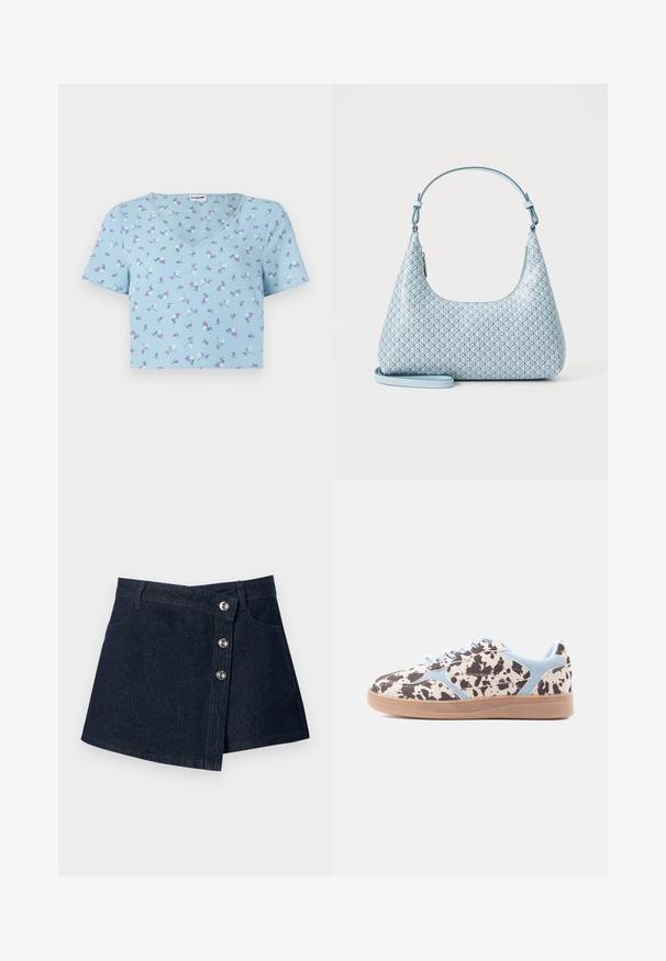 Lichtblauwe T-shirt met korte mouwen en V-hals, versierd met een bloemenpatroon met paarse en witte bloemen op een gestructureerde stof.; Donkerblauwe denim minirok met asymmetrische voorkant, zilverkleurige knoopsluitingen, riemlussen en steekzakken vooraan op effen achtergrond.; Low-top sneaker met een zwart-wit gevlekt patroon, lichtblauwe accenten, witte veters en een lichtbruine rubberen zool op een effen achtergrond.; Lichtblauwe handtas met een gladde, gestructureerde afwerking, voorzien van een geometrisch patroon van kleine diamanten en een afneembare schouderband voor veelzijdigheid.