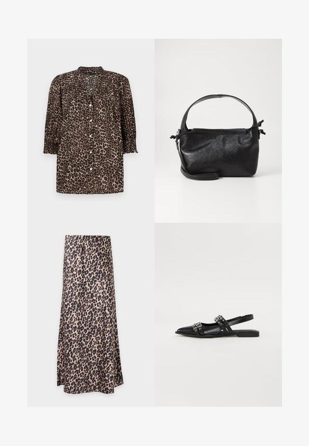 Chemise imprimé léopard dans des tons marron et noir, avec un devant boutonné, des manches ¾ avec des détails froncés, et un col rond.; Jupe midi imprimé léopard avec une coupe légèrement évasée dans des tons beige et noir, présentée sur un fond clair uni.; Even&Odd by Zalando Ballerines à brides arrière - black; Sac à main en cuir noir au design structuré, avec une poignée arrondie et une bandoulière amovible. Présente une texture lisse et un éclat subtil.