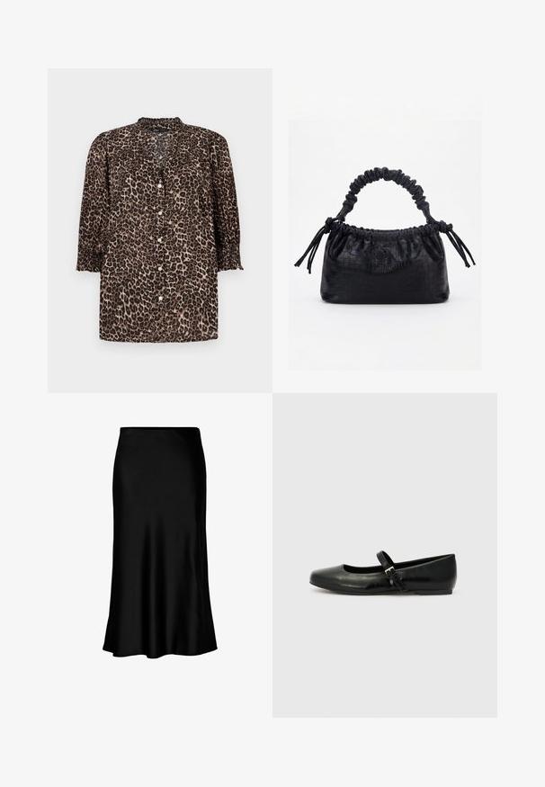 Camisa de leopardo en tonos marrones y negros, con un cierre de botones en la parte delantera, mangas ¾ con detalles fruncidos y cuello redondo.; Falda midi de satén negro con una textura suave, dobladillo acampanado y una cinturilla ajustada, que presenta un diseño simple y clásico.; Bailarinas de cuero negro con punta redondeada, suela plana y una delgada correa ajustable en el empeine que cuenta con una hebilla de metal.; Bolso negro con textura de cocodrilo, borde superior fruncido, asa recogida y cordones con borlas en cada lado sobre un fondo blanco.