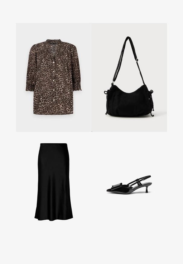 Leopardprint shirt in bruine en zwarte tinten, met een knoopsluiting aan de voorkant, ¾ mouwen met geraffineerde details en een ronde halslijn.; Zwarte satijnen midi-rok met een gladde textuur, een uitlopende zoom en een nauwsluitende tailleband, met een eenvoudig, klassiek ontwerp.; Zwarte gepatineerde lederen slingback hakken met een puntige neus, een strikdetail aan de voorkant en een kleine stilettohak. De bandjes hebben verstelbare gespen.; Zwarte corduroy schoudertas met een gebogen vorm, een verstelbare schouderband en trekkoordsluitingen aan beide zijkanten voor maataanpassing.