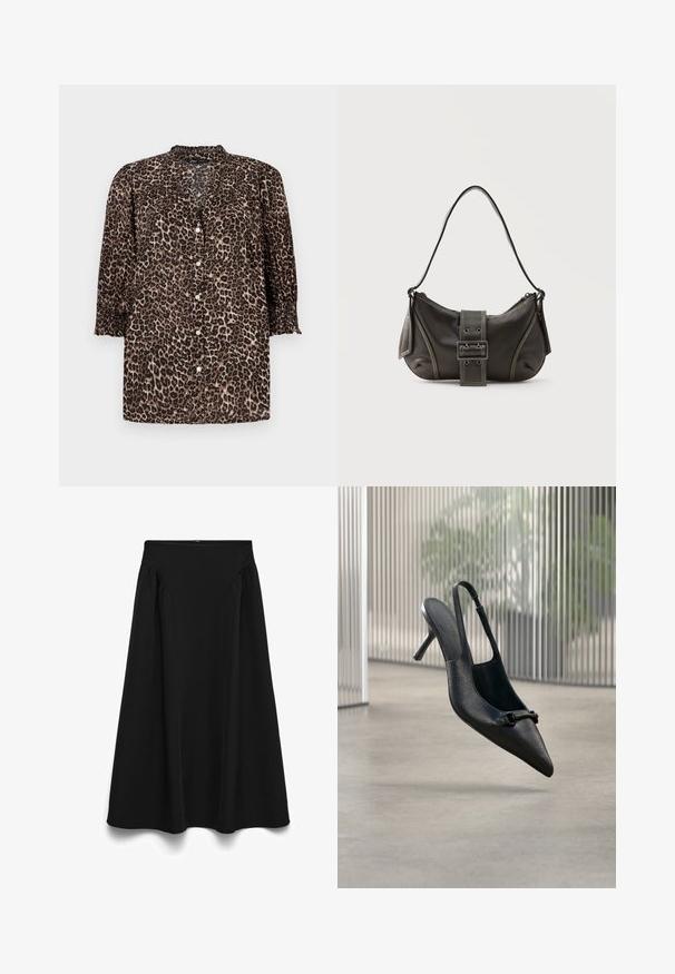 Leopardprint shirt in bruine en zwarte tinten, met een knoopsluiting aan de voorkant, ¾ mouwen met geraffineerde details en een ronde halslijn.; Zwarte rok met een hoge tailleband, met ingeslagen zijdetails, een vloeiende silhouet en een gladde textuur. Lengte tot boven de enkels.; Zwarte, gestructureerde leren slingback hoge hak schoen met een puntige neus en een kleine decoratieve gesp, zwevend boven een gladde vloer.; Zwarte leren schoudertas met gespsluiting aan de riem, afgeronde hoeken en contrasterende witte stiksels op een effen achtergrond.