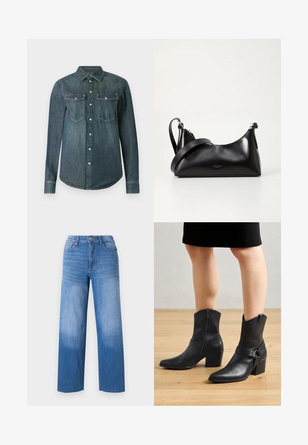 Langærmet mørkeblå denimskjorte med knaplukning foran og to brystlommer med klap og knapper.; Lyseblå denimjeans med vid benåbning, der har fem lommestile, lynlås i gylpen og diskret falmning på lårene. Rene kantfinish.; Sorte læder ankelstøvler med spids tå, lynlås lukning, buet hæl og en dekorativ rem med metal detaljer.; Sort læderhåndtaske med en glat tekstur. Har en justerbar stropp og et enkelt, minimalistisk design med lynlås.