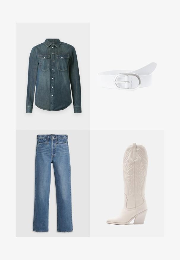 Donkerblauwe denim blouse met lange mouwen, knoopsluiting aan de voorkant en twee borstzakken met kleppen en knopen.; Lichtblauwe, straight-leg jeans van denim. Kenmerken zijn onder andere een knoopsluiting, vijf zakken en subtiele vervaging. Geen versieringen of patronen.; Witte leren cowboylaars met een spitse neus en een vierkante hak. Heeft ingewikkelde stikpatronen op de schacht en een soepele textuur.; Witte leren riem met een zilveren ovale gesp. De band is glad en plat en heeft een eenvoudig ontwerp zonder patronen of versieringen.