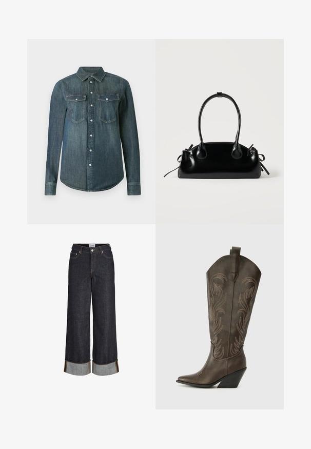 Langærmet mørkeblå denimskjorte med knaplukning foran og to brystlommer med klap og knapper.; Mørkeblå jeans med brede ben og opbuk ved kanterne, fem lommer og kontrastfuld gul syning.; Brune læder cowboystøvle med spids tå, kilehæl og dekorativ broderi. Har en høj stok og en trækflap.; Lille sort blank håndtaske med to lange håndtag og snøre-detaljer i siden på en ensfarvet lys baggrund.