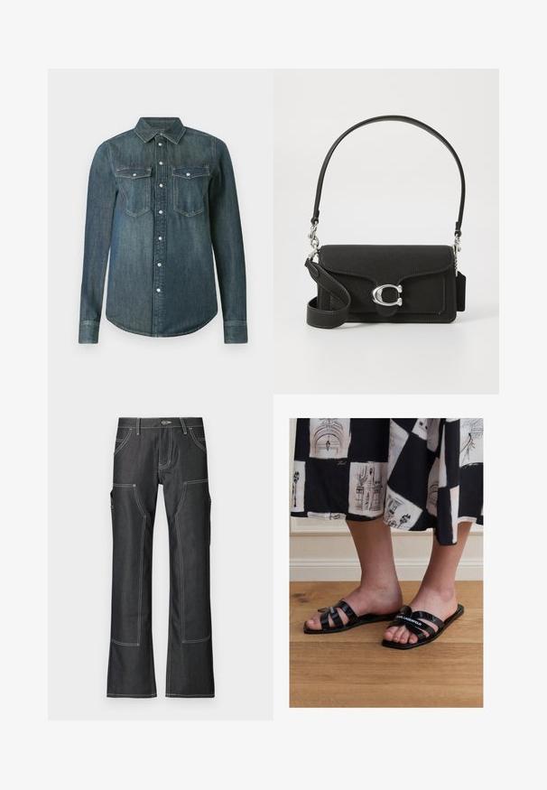 Chemise en denim bleu foncé à manches longues, boutonnée sur le devant avec deux poches poitrine à rabats et boutons.; Pantalons cargo en denim sombre avec des coutures contrastées blanches, comportant plusieurs poches et un design à jambes évasées. Tissu durable et fermeture à bouton en métal.; Personne portant des sandales Karl Lagerfeld noires à enfiler avec plusieurs brides, debout sur un sol en bois, jupe avec des imprimés architecturaux en noir et blanc.; Sac en cuir noir à bandoulière avec une finition texturée, quincaillerie en argent et un fermoir proéminent. Dispose d'une sangle détachable et de surpiqûres détaillées.