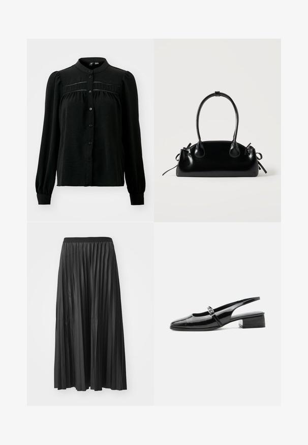 Vero Moda VMEMMA LACE SHIRT NOOS - Chemisier - black; Jupe maxi plissée noire avec une texture lisse et une taille élastique, dotée de plis verticaux qui créent du volume et du mouvement.; Chaussure slingback en cuir verni noir avec un petit talon bloc et une fine bride avec une boucle argentée sur le dessus.; Petit sac à main noir brillant avec deux longues anses et des détails à cordon sur les côtés sur un fond clair uni.