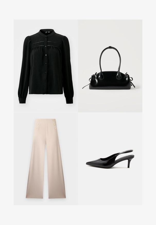 Vero Moda VMEMMA LACE SHIRT NOOS - Chemisier - black; Pantalon beige à jambes larges, taille haute avec deux rangées verticales de trois boutons décoratifs dorés à l'avant.; Chaussure noire à talon kitten avec bout pointu et bride arrière, ornée d'une rangée de petits strass transparents sur la bride, sur fond blanc.; Petit sac à main noir brillant avec deux longues anses et des détails à cordon sur les côtés sur un fond clair uni.