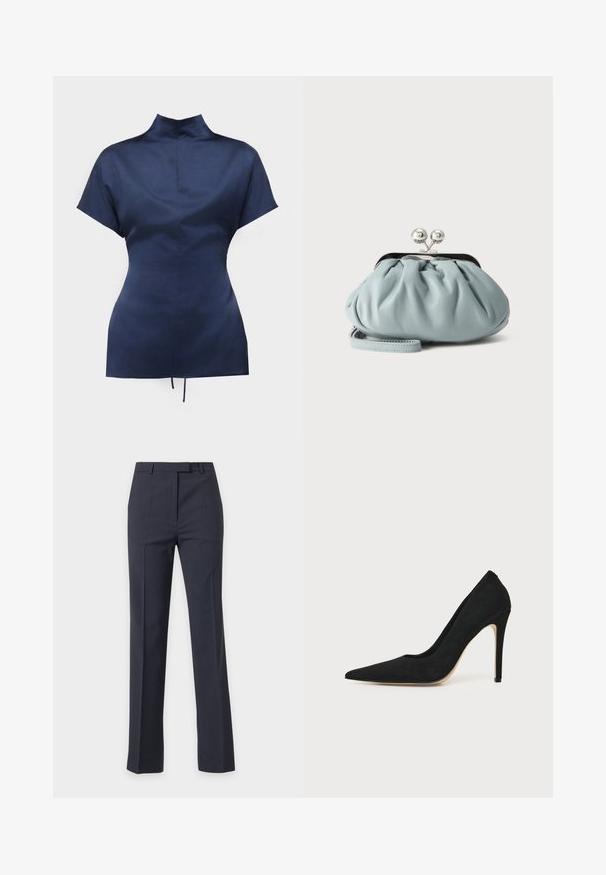 Blouse bleu marine à manches courtes, col montant et taille cintrée, présentée sur fond blanc.; Pantalon droit ajusté pour femme, bleu marine foncé, avec passants de ceinture et pli sur le devant, présenté sur un fond clair uni.; Escarpin stiletto noir à talon haut avec bout pointu et texture lisse, présenté de profil sur un fond clair uni.; Petit porte-monnaie en cuir bleu clair avec fermoir métallique argenté de type kiss-lock et court bracelet de poignet sur fond uni.