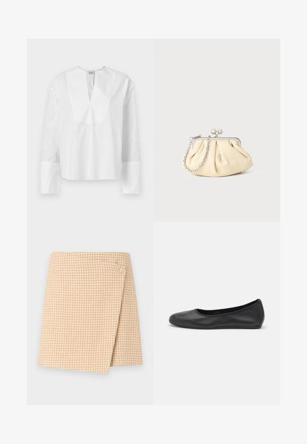 Chemisier blanc à manches longues avec un décolleté fendu et des rayures texturées contrastées. Présente une coupe ample et des manches larges avec des poignets blancs.; Jupe portefeuille à motif pied-de-poule beige et blanc avec une fermeture par bouton en haut à droite, présentée sur un fond clair uni.; Ballerines en cuir noir avec un bout rond, texture lisse, détails de couture minimalistes et design de semelle flexible.; Pochette en cuir beige plissé avec un cadre en métal argenté, dotée de deux fermoirs ronds décoratifs et d'une chaîne en argent.