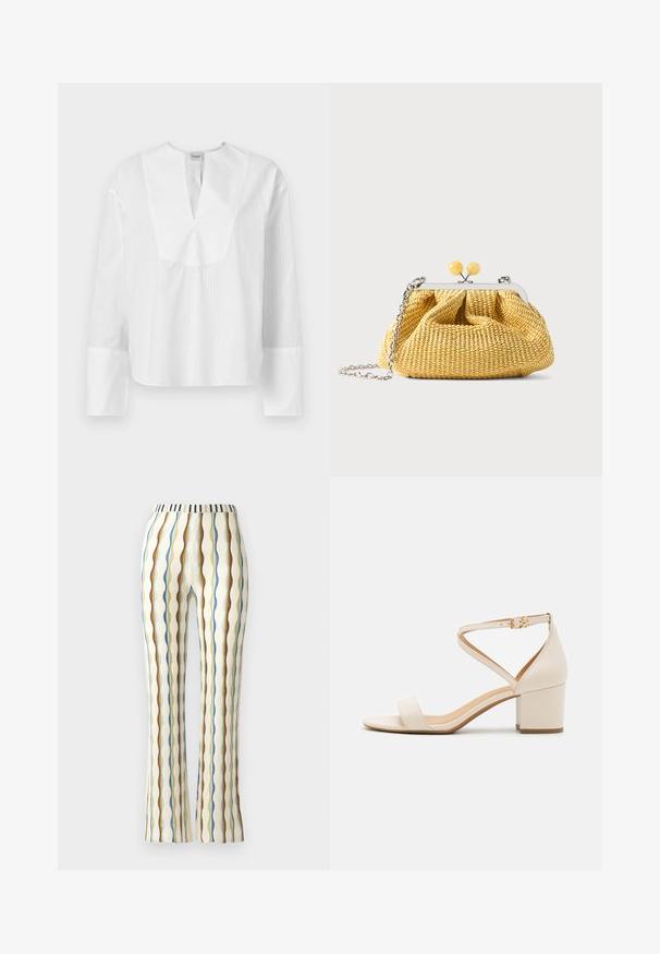 Chemisier blanc à manches longues avec un décolleté fendu et des rayures texturées contrastées. Présente une coupe ample et des manches larges avec des poignets blancs.; Pantalons évasés en tissu texturé avec des rayures verticales bleues, brunes, vertes et jaunes, dotés d'une ceinture rayée.; Sandales à talon bloc beiges présentant un design minimaliste, bout ouvert et une sangle de cheville ajustable avec une boucle dorée. Texture lisse.; Petit sac à main tissé jaune avec cadre argenté, deux fermoirs boules jaunes et une bandoulière chaîne argentée sur fond blanc.