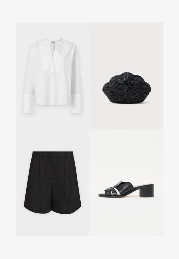 Witte blouse met lange mouwen, een gespleten halslijn en contrasterende textuurstrepen. Heeft een boxy pasvorm en brede mouwen met witte manchetten.; Zwarte, op maat gemaakte short met hoge taille, met riemlussen, voorplooien en een licht uitlopende zoom tegen een effen lichte achtergrond.; Zwarte leren slippers met een gebogen band met uitsparingen, zilveren hardwareaccent en een chunky hak. Een gladde textuur overal.; Zwarte gevlochten handtas in de vorm van een sint-jakobsschelp met een gebogen bovenkant en een geweven textuur op een effen achtergrond.