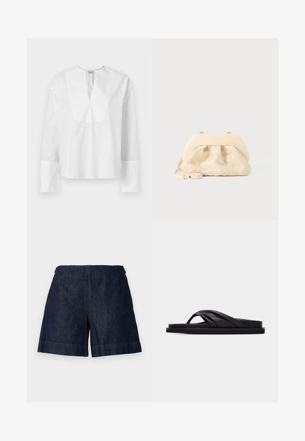 Witte blouse met lange mouwen, een gespleten halslijn en contrasterende textuurstrepen. Heeft een boxy pasvorm en brede mouwen met witte manchetten.; Donkerblauwe denim shorts met een hoge elastische tailleband en brede pijpen, afgebeeld tegen een effen lichte achtergrond.; Zwarte platte sandaal met gewatteerde kruisband en teenriemje, minimalistisch ontwerp tegen een effen lichtgrijze achtergrond.; Crèmekleurige stoffen handtas met bloemrijke borduursels, zachte afgeronde bovenkant en verstelbare band, plat gelegd op een lichtgrijze achtergrond.