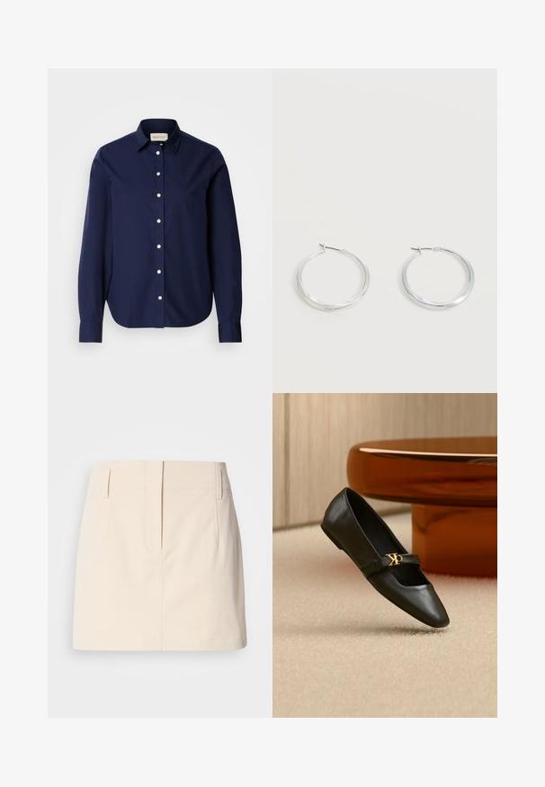 Dunkelblaues Langarmhemd aus Baumwolle mit spitzem Kragen, weißen Knöpfen und einem dezenten Logo auf der Brust. Einfarbiges Design.; Calvin Klein Jeans SKIRT - A-Linien-Rock - fog; Schwarzer flacher Lederschuh mit spitzer Kappe und goldenem CK-Logo auf dem Riemen, auf beigem Teppich neben einem runden bernsteinbraunen Tisch platziert.; Silberne Metallcreolen mit glatter, leicht gebogener Oberfläche und Klappverschluss vor schlicht weißem Hintergrund.