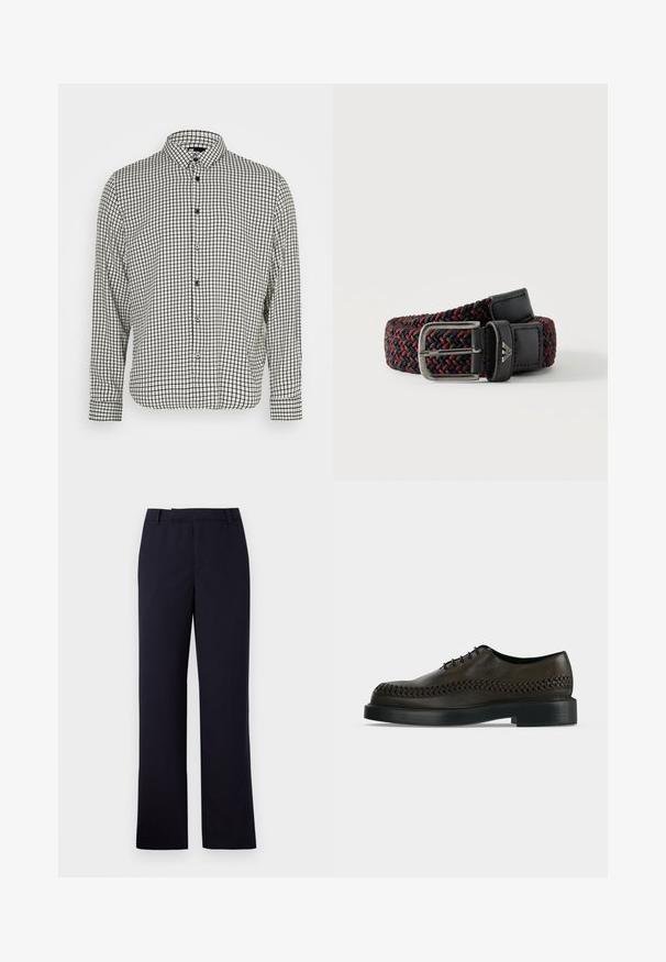 Chemise à boutons en noir et blanc à carreaux avec un col, des manches longues et un ourlet droit. Fabriquée dans un tissu léger et dotée de boutons noirs.; Libertine-Libertine DECADE TAILORED - Pantalon classique - navy; Chaussure habillée en cuir marron foncé avec semelle noire et détail tressé sur le côté, lacets fermés et talon bas.; Ceinture en tissu tressé avec bouts en cuir noir, dotée de couleurs rouge, marine et verte et d'une boucle métallique argentée.
