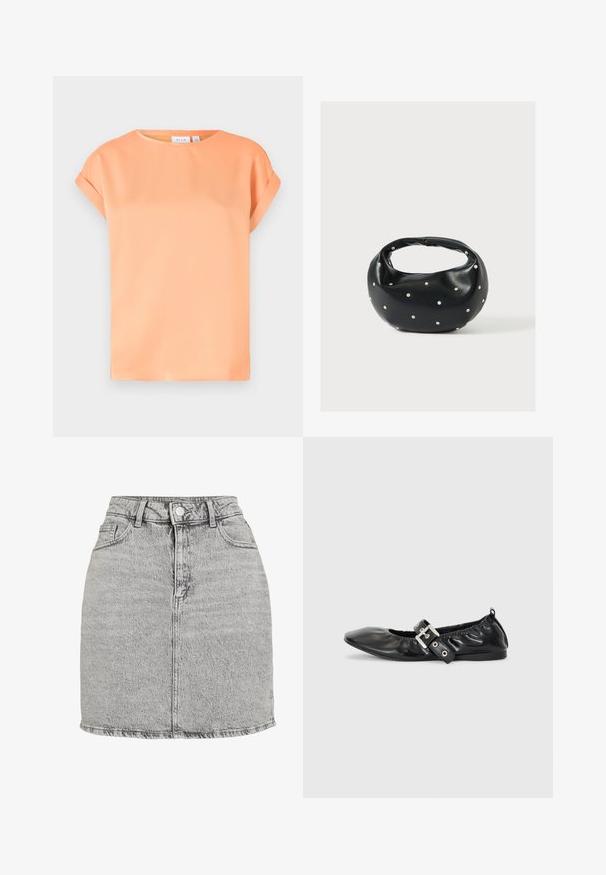 T-shirt à manches courtes en tissu orange doux. Encolure ronde, coupe décontractée avec des poignets retroussés. Texture lisse avec un léger éclat.; Jupe en denim gris à taille haute, avec une fermeture à boutons sur le devant et deux poches latérales. Présente un ourlet effiloché et une texture légèrement délavée.; Chaussure plate en cuir noir avec un nez pointu, des détails froncés autour de l'ouverture et un accent en boucle argentée sur la bride ajustable.; Sac à main en cuir noir de forme arrondie, décoré de clous argentés et équipé d'une poignée courte. Texture lisse et fermeture éclair.