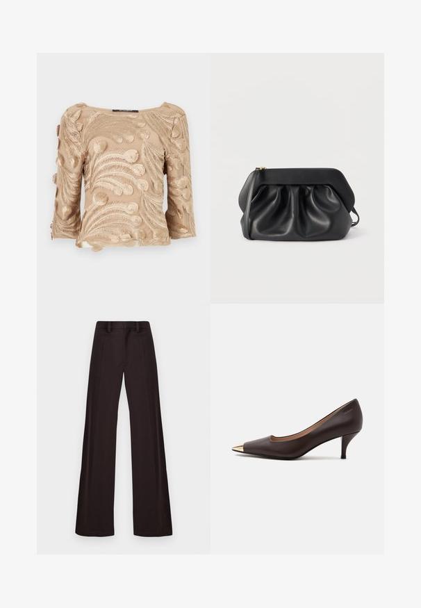 Beige sheer blouse met ingewikkelde geborduurde varenachtige patronen, met driekwart mouwen en een rechte halslijn.; Wijde broek gemaakt van een donkere stof, met een gladde textuur, ceintuurlussen en een voorkreuk, met een strakke, ongecensureerde uitstraling.; Donkerbruine leren pump met kittenheel en een puntige gouden metalen neus op een effen lichte achtergrond.; Zwarte leren clutch met een gestructureerd frame, geplooide details en een smalle polsband, op een witte achtergrond.